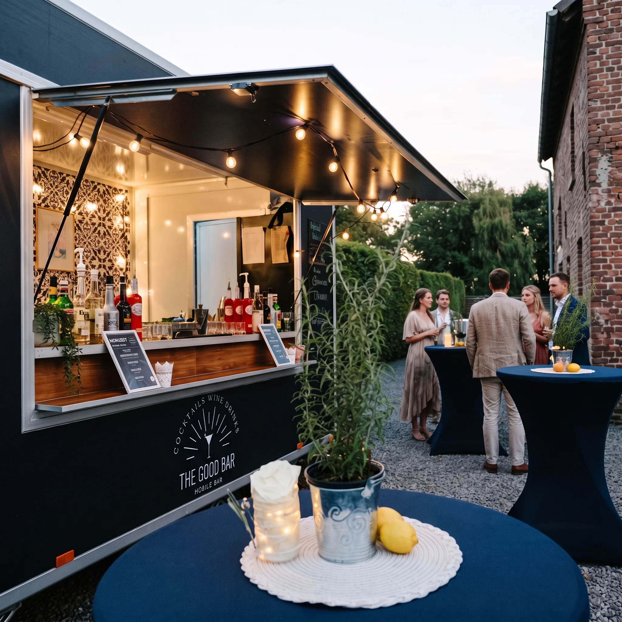 Location während einer Hochzeit mit THE GOOD BAR: Bar-Wagen, Lichterketten, Gäste