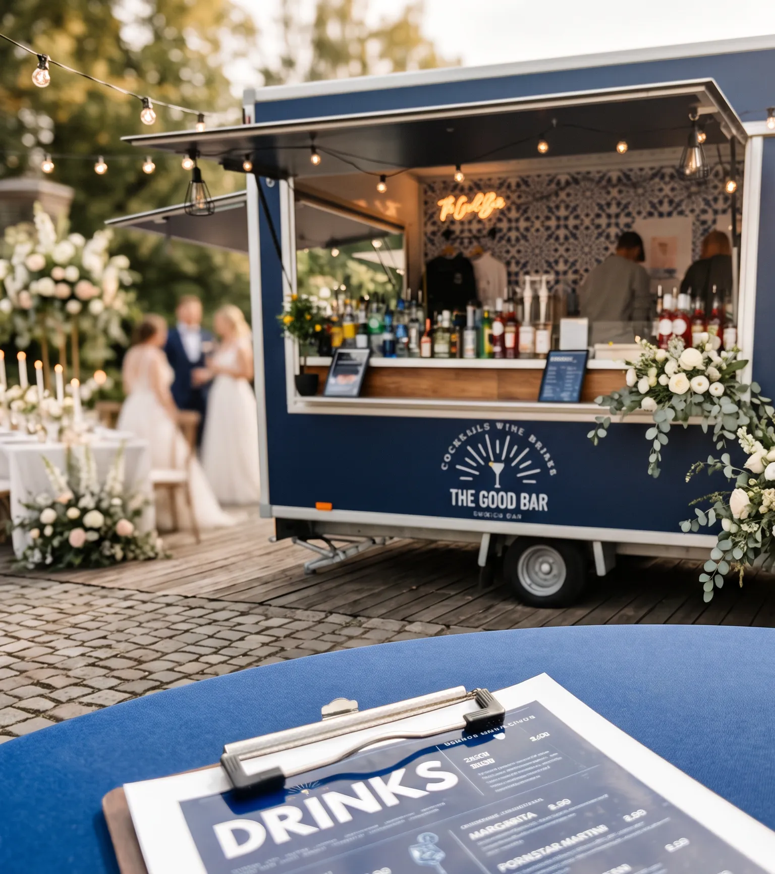 THE GOOD BAR Trailer bei einer Hochzeitsfeier am Abend, Lichterketten, Kerzen